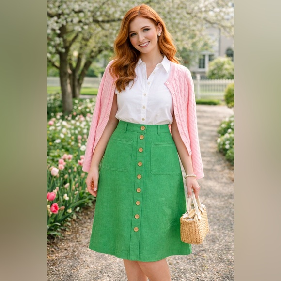 J. Crew Dresses & Skirts - J. Crew Vibrant Green A-Line Linen Skirt with Buttons Size 10T